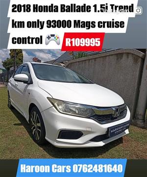 2018 Honda ballade 1.5i Trend only 93000 km mags cruise control