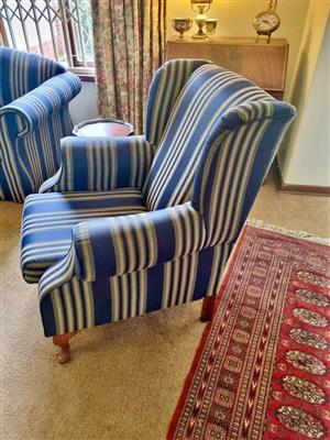 Blue striped wing back chair