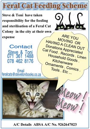 Donations of ornaments . comics . records. most household items needed for Feral Cat Feeding Scheme 
