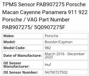 Porsche Boxster TPMS tyre pressure monitor sensors and valves 