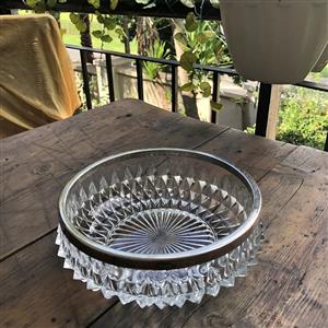 Vintage Heavy Pressed Glass / Crystal Serving Bowl with Silver-Tone Rim