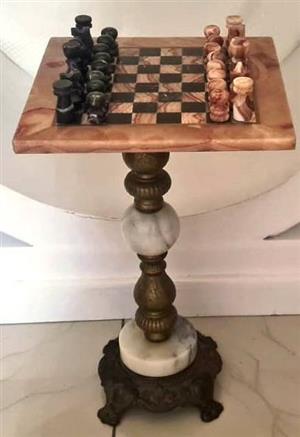 Vintage Inlaid Stone Chess Table with Ornate Brass Claw-Foot Pedestal Base