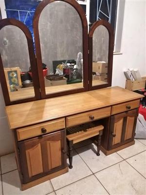 imbuia yellow wood dressing table with chair and headboard with side cabinets 