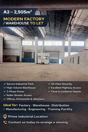 A2 – 2,505m² Modern Factory, Warehouse, Distribution Facility To Let