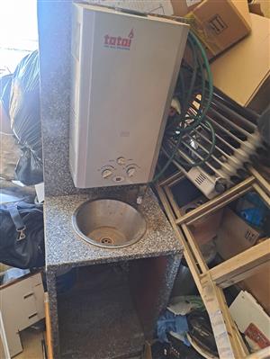 1 x 12L Geyser Battery Gas Ignition & Fanke Basin & Swivel Tap & Cuboard 