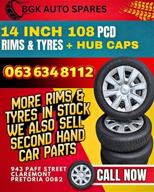 14 inch 108 pcd rims and tyres plus hub caps 