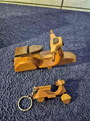 Handcrafted wooden model of a Vespa scooter with matching Vespa keyring