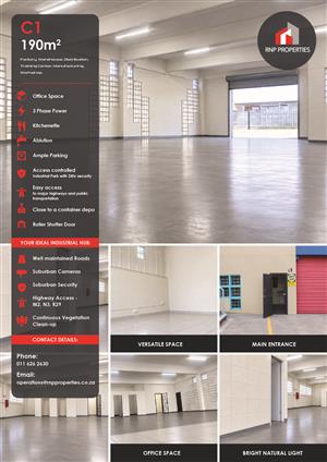 C1 – 190m² Warehouse, Distribution, Factory Space To Let