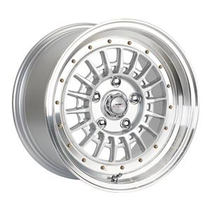 15″ A-Line Indy 5×120 Arctic Silver Machine Lip Alloy Wheels with Gold Rivets