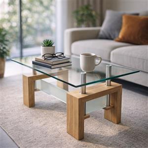 Modern Double Tier Tempered Glass Coffee Table with Metal Frame