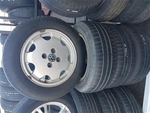 VW mag rims and tyres 100 PCD 14 inch for sale.