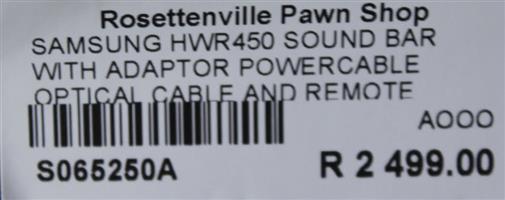 SAMSUNG HWR450 SOUND BAR WITH ADAPTOR POWERCABLE OPTICAL CABLE AND REMOTE S065250A