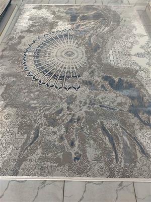 Premium Turkish Velvet Collection – Abstract Radial Medallion in Navy & Light Grey (240cm x 340cm)