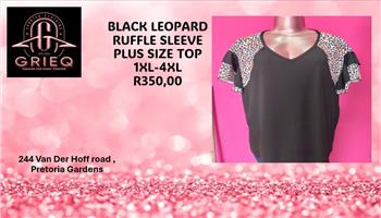 BLACK LEOPARD RUFFLE SLEEVE PLUS SIZE TOP 