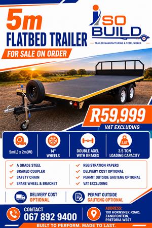 5m Flatbed Trailer for sale on order