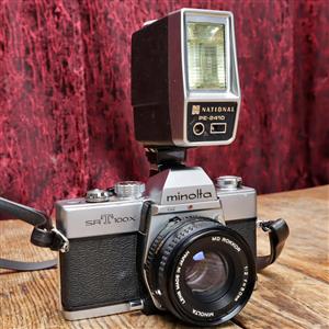 Minolta SRT100 35mm Film SLR Camera with National PE-2410 Flash - MD Rokkor f2/50mm