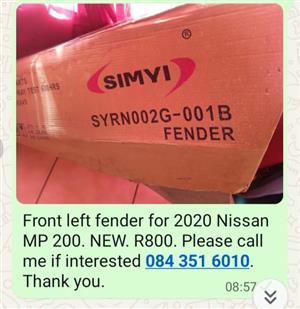 Front left Fender. For 2020 MP Nissan bakkie.