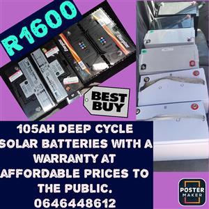 105AH Deep Cycle Solar batteries with a warranty at affordable prices to the public.