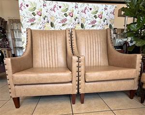 Large Tusk Arm Chairs in Beige Full Leather (Priced per chair)
