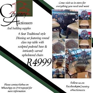 6 Seat Traditional style Dinning set featuring round class top table with sculpted pedestal base