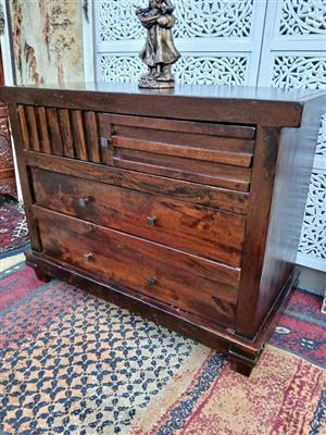 Vintage Wooden Three-Drawer Chest with Slatted Top