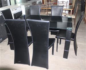 BLACK 7 PIECE GLASS TABLE DINING SUITE S065463A