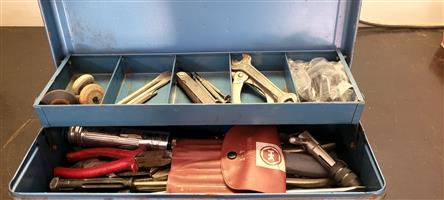 Metal Toolbox with Assorted Hand Tools – Spanners, Pliers, Screwdrivers, Files 