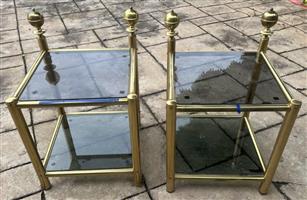 2 x Yellow Copper Bedside Tables with glass shelves.