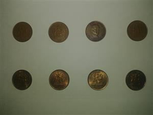 Set of 1 cent coins from the 1980's (1980 to 1989)