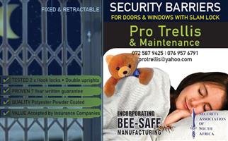 Slam lock trellis security barriers for doors and windows