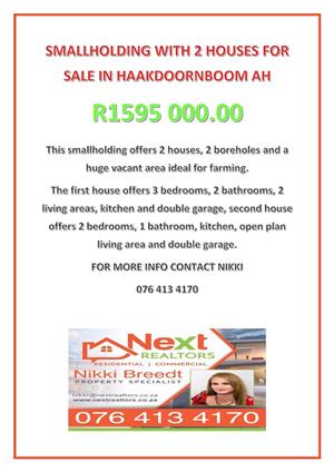 SMALLHOLDING WITH 2 HOUSES FOR SALE IN HAAKDOORNBOOM AH