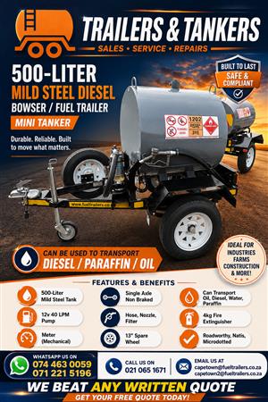 -Mild steel- fuel trailer/ mini tanker/ *500* liter diesel bowser