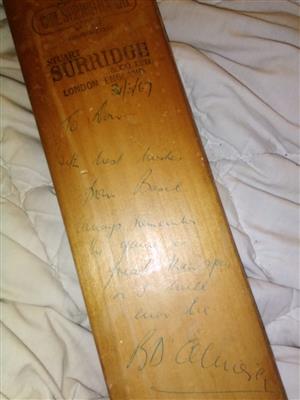 Autographed cricket bat by Basil D'Oliveira 31/3/1968