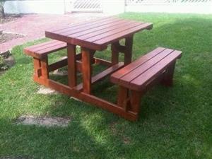 Strong and beautiful wooden benches with tables