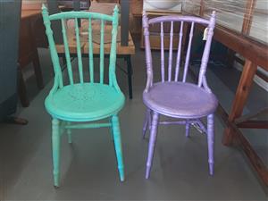 Pair of brightly coloured, wooden, kitchen chairs 
