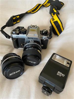 Nikon FA Film camera + lens and flash + Nikon camera bag - suited to film and photography students