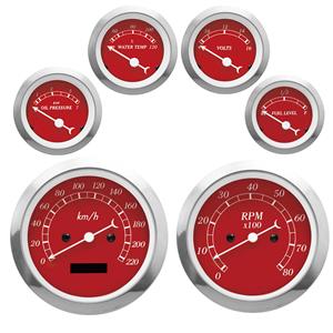 Autogauge Classic Red Face 6 Gauge Set (speedo/tacho/oil pressure/water temp/volte/Fuel)