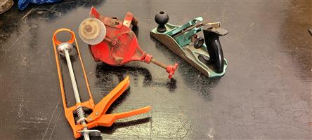 Assorted Garage Tools – Hand Plane, Grinder, Hammers, Axe, Chisels