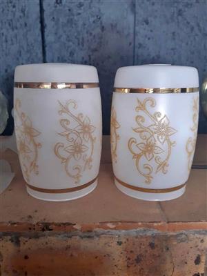 Set of 2 Vintage white opaque glass light shade featuring a gold floral and scroll pattern.  1960s