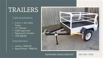 BRAND NEW TRAILERS. SABS APPROVED. STOCK AVAILABLE IMMEDIATELY