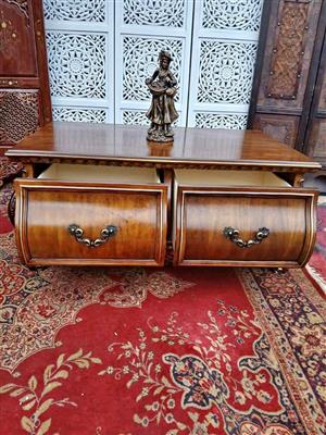 Classic Elegance: Vintage Wooden Coffee Stand with Dual Drawers & Ornate Bronze Handles
