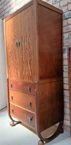 English tiger oak tall boy cupboard, chest of drawers.