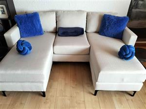 Nino Fabric corner chaise x 2 cream with black legs, can change seats