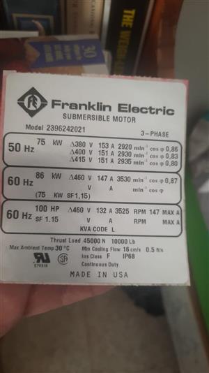 Franklin 75kw submerdible motor pump  8inch and wet end  3 phase 