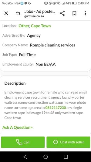 Nanny female needed for sleep in Cape town 