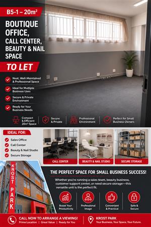 B5-1 – 20m² Boutique Office, Call Center, Beauty & Nail Space To Let