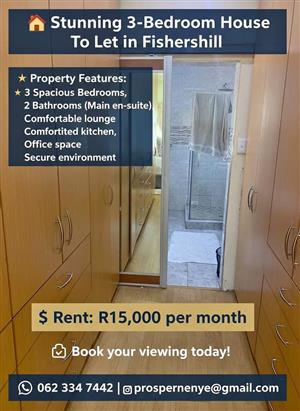  Stunning 3-Bedroom House To Let in Fishershill  A beautiful and spacious 3-bedroom, 2-bathroom ho