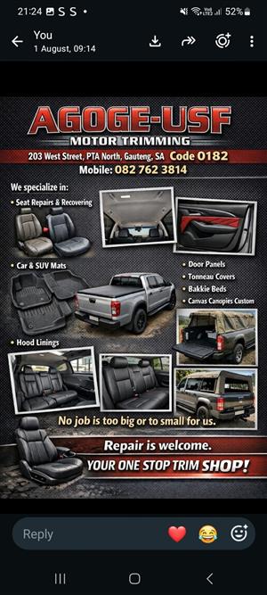 We do all house and outdoor upholstary. Cars new from in and out. New look &smel