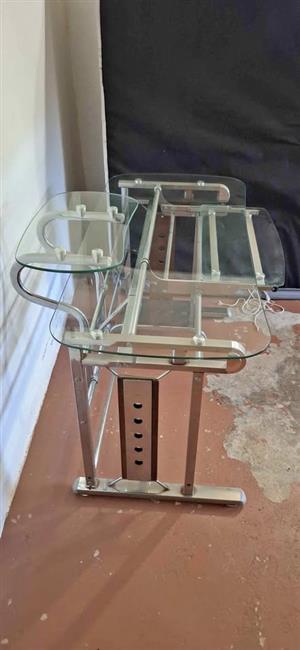 Glass & Chrome Computer Desk with Sliding Monitor Shelf & Keyboard Tray