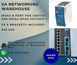 Moxa 8 Port PoE switch with brackets and power supply.